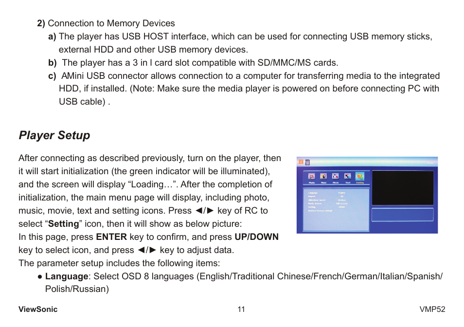 Player setup | VIEWSONIC vmp52 vs12840 User Manual | Page 16 / 28