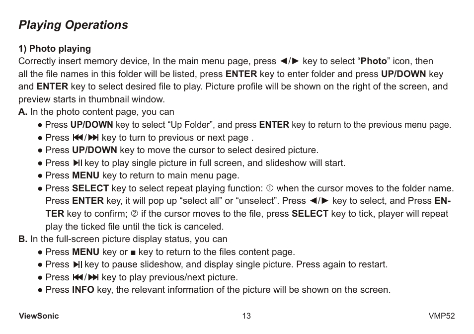 Playing operations | VIEWSONIC vmp52 vs12840 User Manual | Page 18 / 28