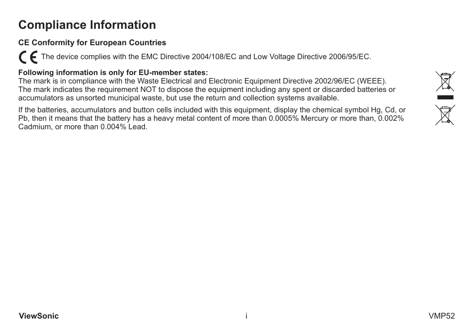 Compliance information | VIEWSONIC vmp52 vs12840 User Manual | Page 2 / 28