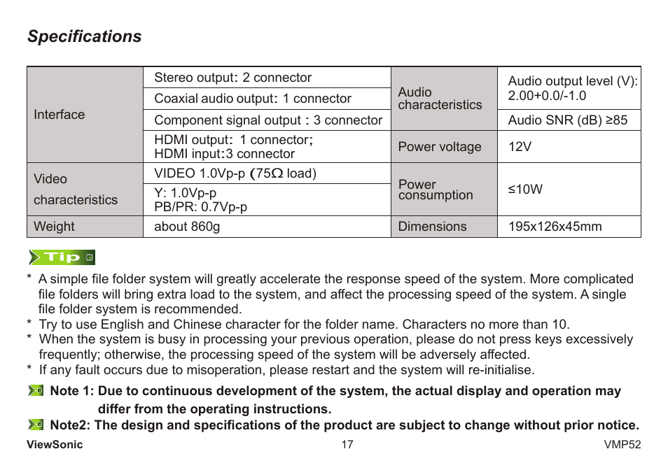 Specifications | VIEWSONIC vmp52 vs12840 User Manual | Page 22 / 28
