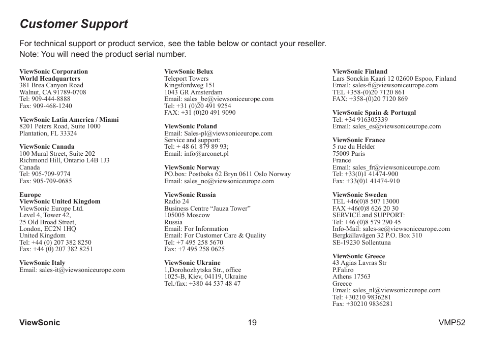 Customer support | VIEWSONIC vmp52 vs12840 User Manual | Page 24 / 28