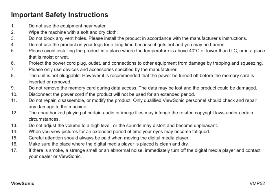 Important safety instructions | VIEWSONIC vmp52 vs12840 User Manual | Page 3 / 28