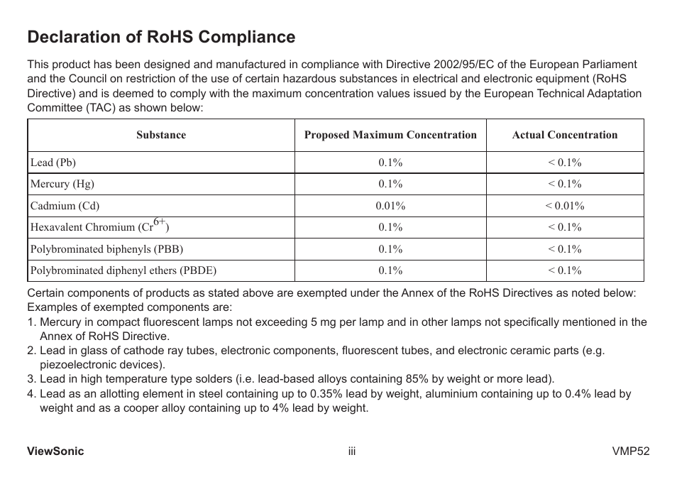 Declaration of rohs compliance | VIEWSONIC vmp52 vs12840 User Manual | Page 4 / 28