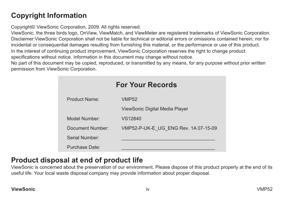 Copyright information, For your records, Product disposal at end of product life | VIEWSONIC vmp52 vs12840 User Manual | Page 5 / 28