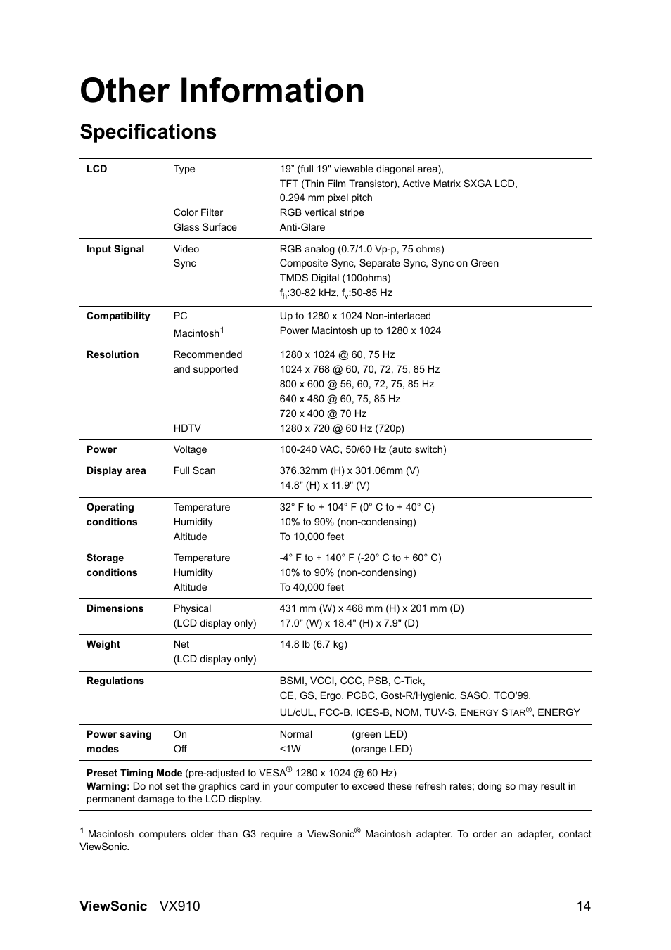 Other information, Specifications | VIEWSONIC VX910 User Manual | Page 16 / 21