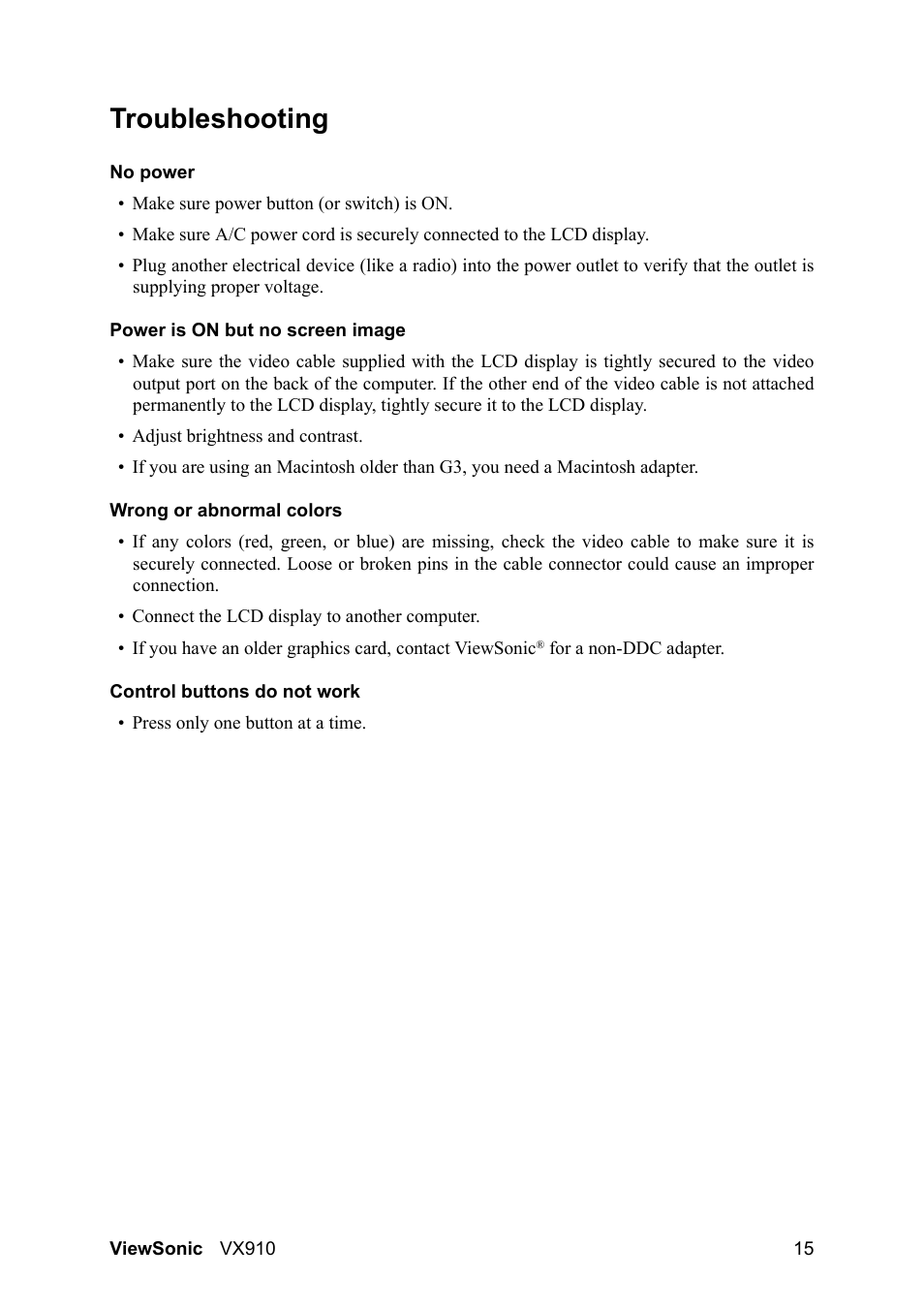 Troubleshooting | VIEWSONIC VX910 User Manual | Page 17 / 21