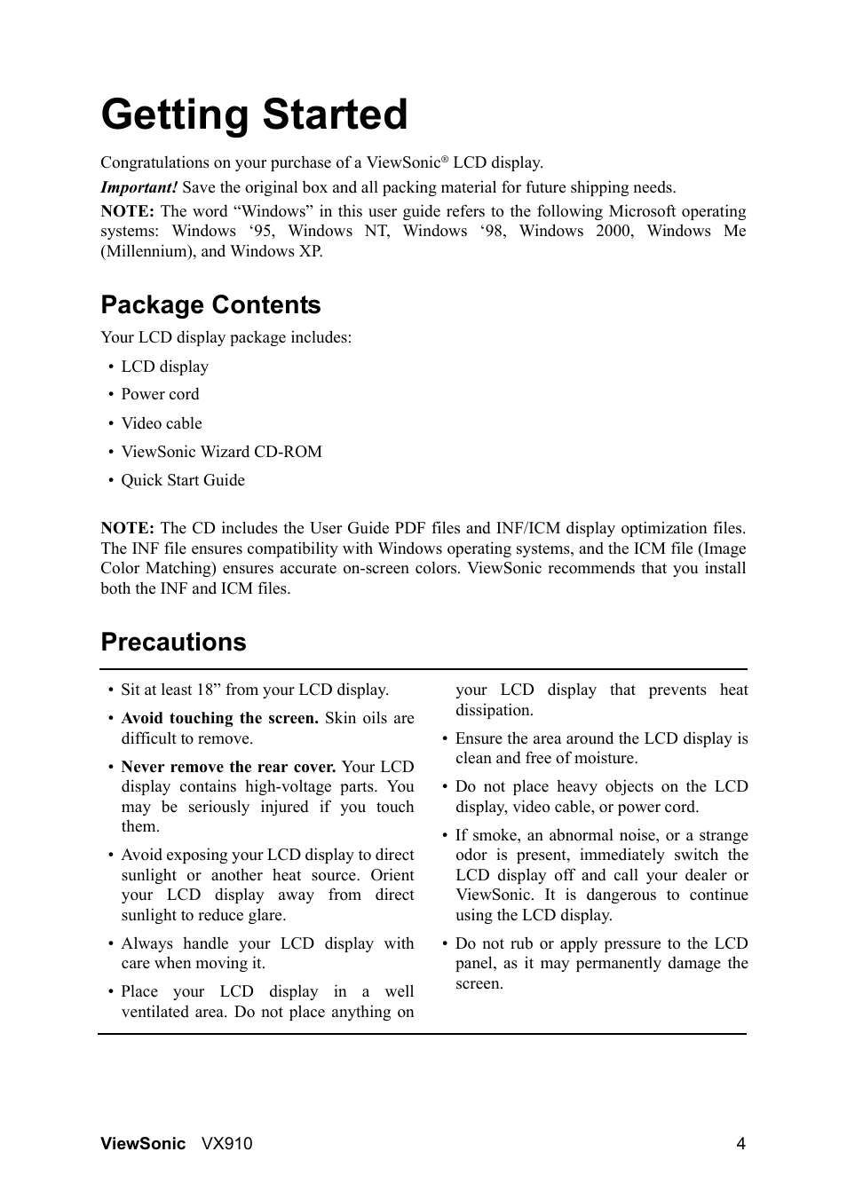 Getting started, Package contents, Precautions | VIEWSONIC VX910 User Manual | Page 6 / 21