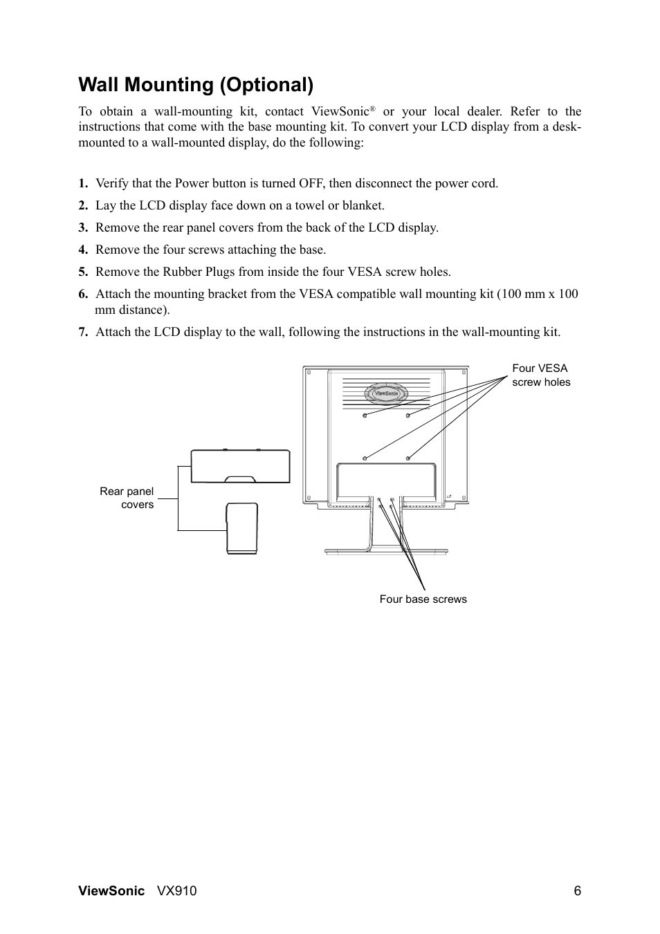 Wall mounting (optional) | VIEWSONIC VX910 User Manual | Page 8 / 21