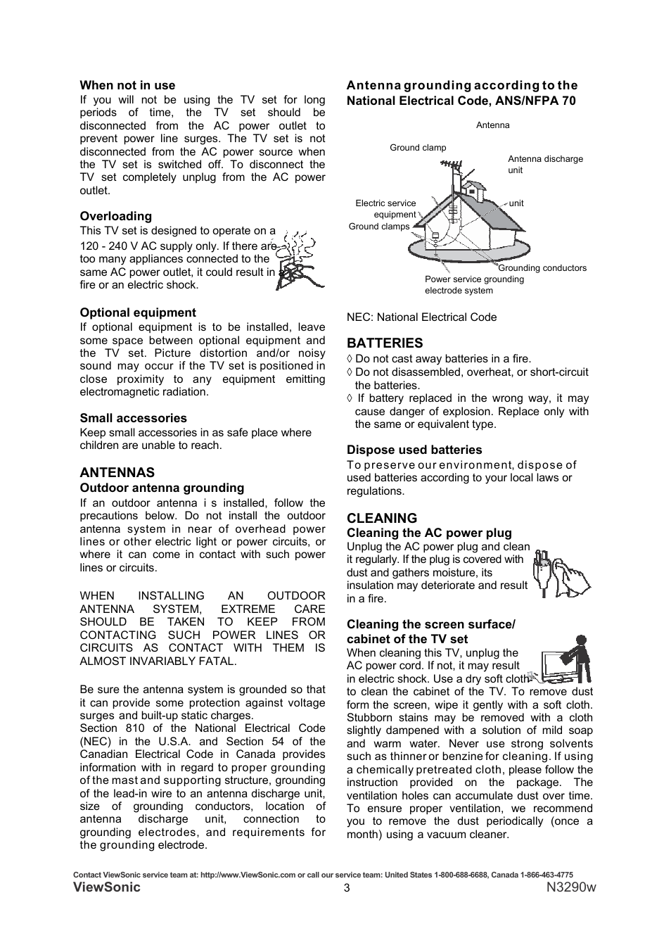 Viewsonic, N3290w, Antennas | Batteries, Cleaning | VIEWSONIC N3290W User Manual | Page 10 / 42