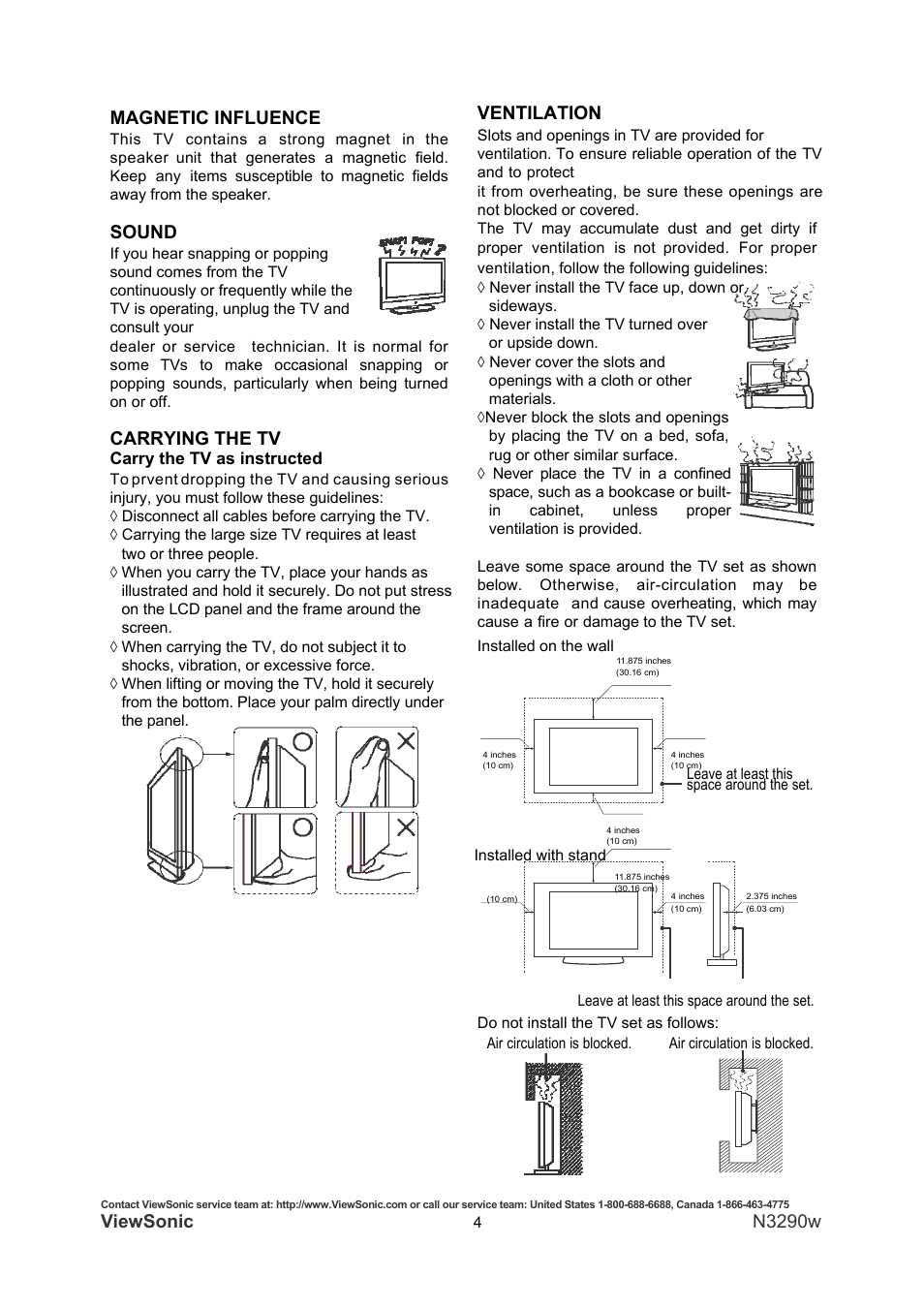 Viewsonic, N3290w magnetic influence, Sound | Carrying the tv, Ventilation | VIEWSONIC N3290W User Manual | Page 11 / 42