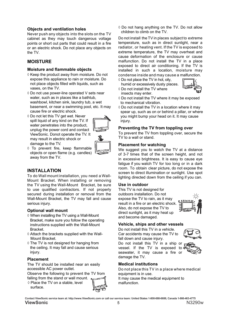 Viewsonic, N3290w, Moisture | Installation | VIEWSONIC N3290W User Manual | Page 12 / 42