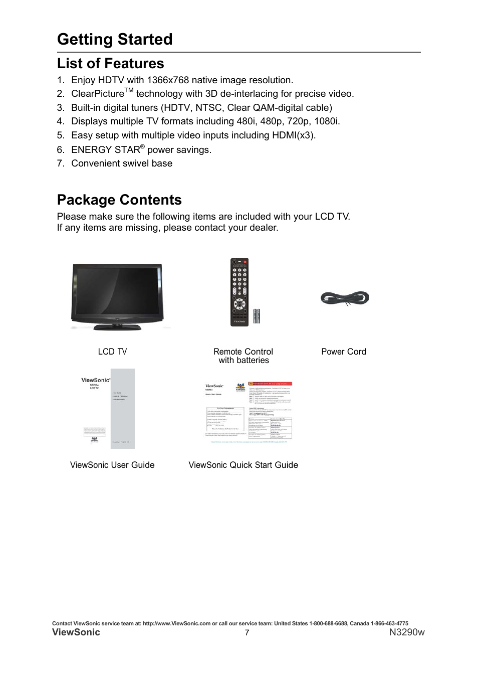 Getting started, List of features, Package contents | VIEWSONIC N3290W User Manual | Page 14 / 42