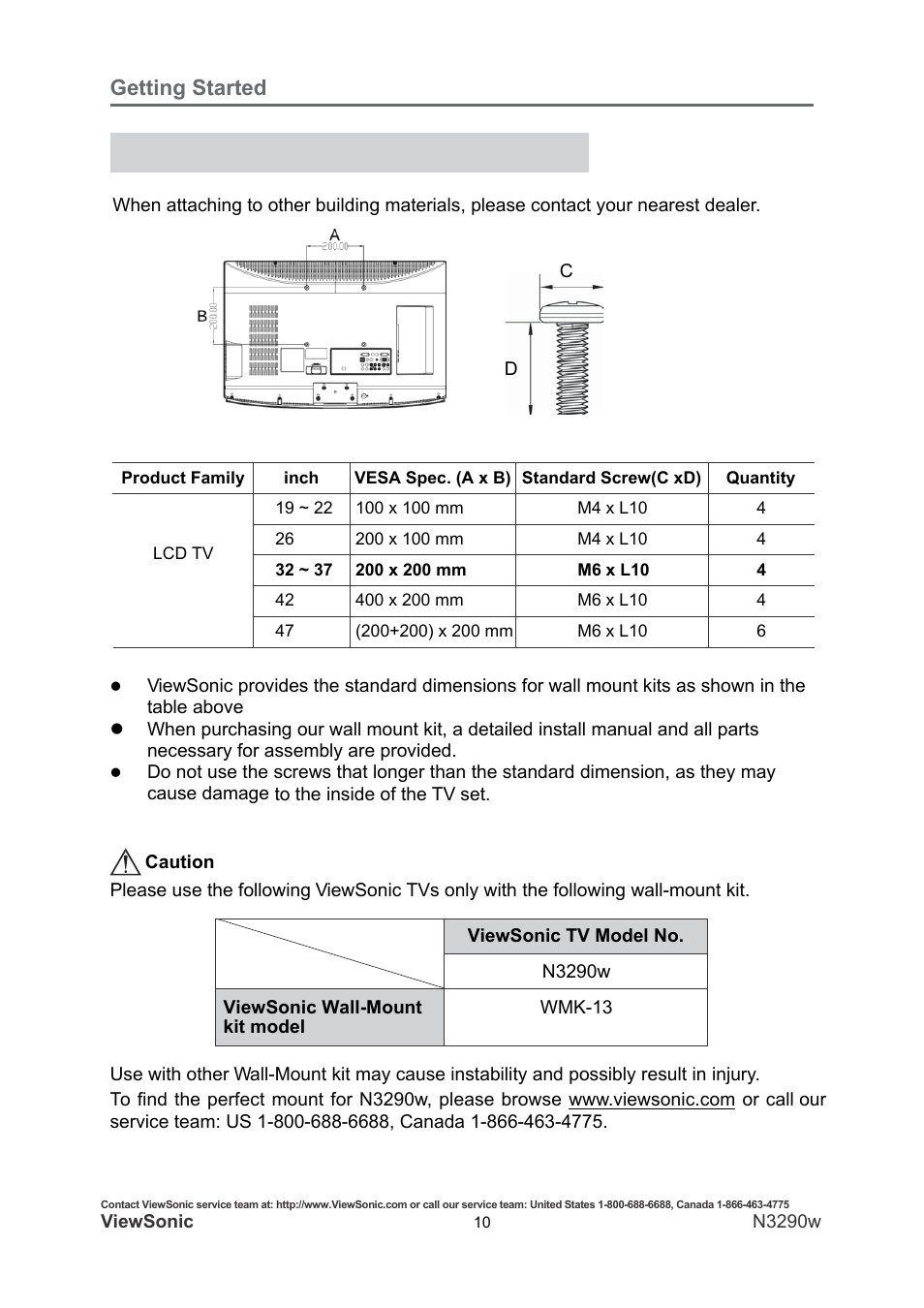 Getting started, Wall mount kit specifications (vesa) | VIEWSONIC N3290W User Manual | Page 17 / 42