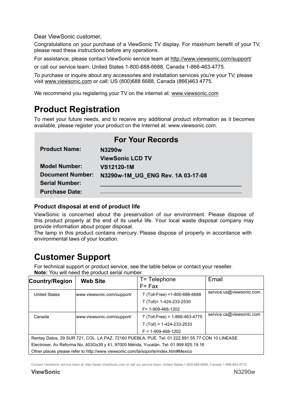 Product registration, Customer support, For your records | VIEWSONIC N3290W User Manual | Page 2 / 42