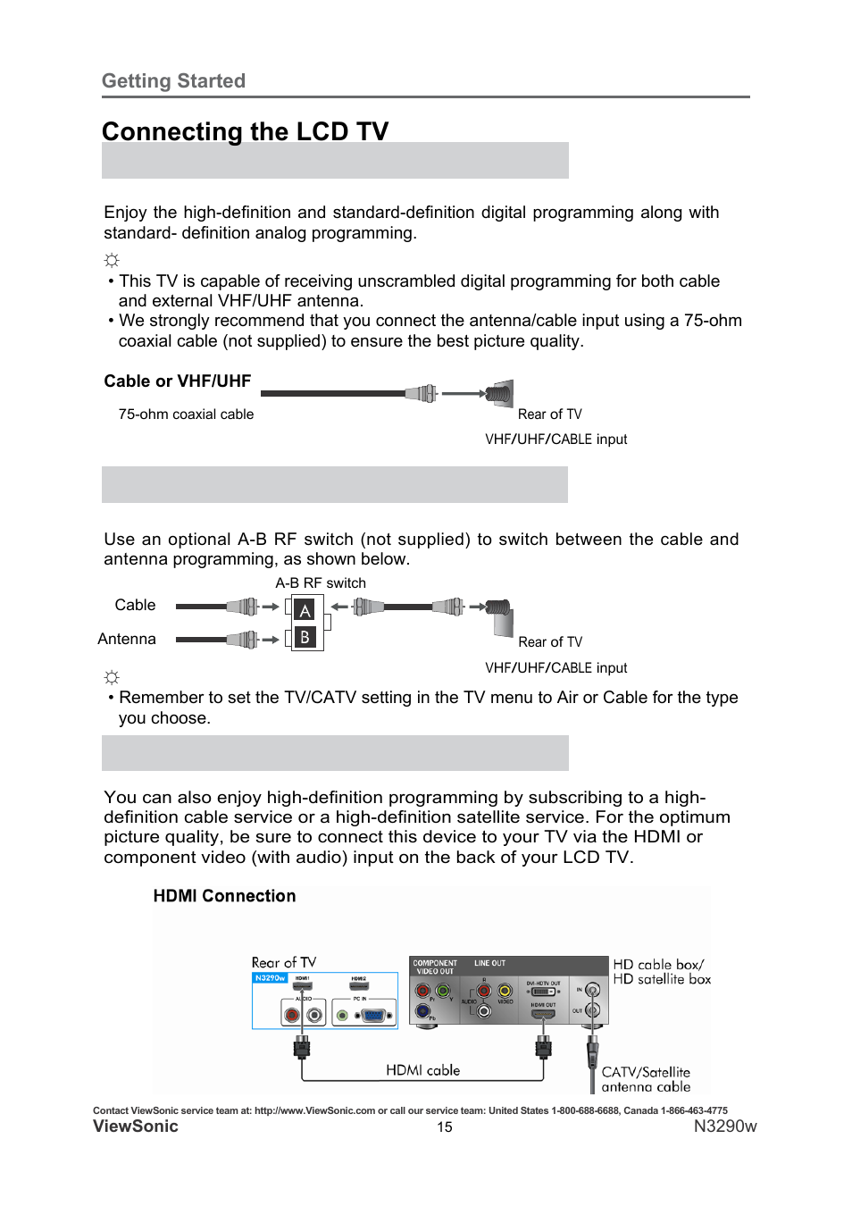 Connecting the lcd tv, Getting started, Cable system or vhf/uhf antenna system | Cable system and vhf/uhf antenna system, Hd cable box/hd satellite box | VIEWSONIC N3290W User Manual | Page 22 / 42