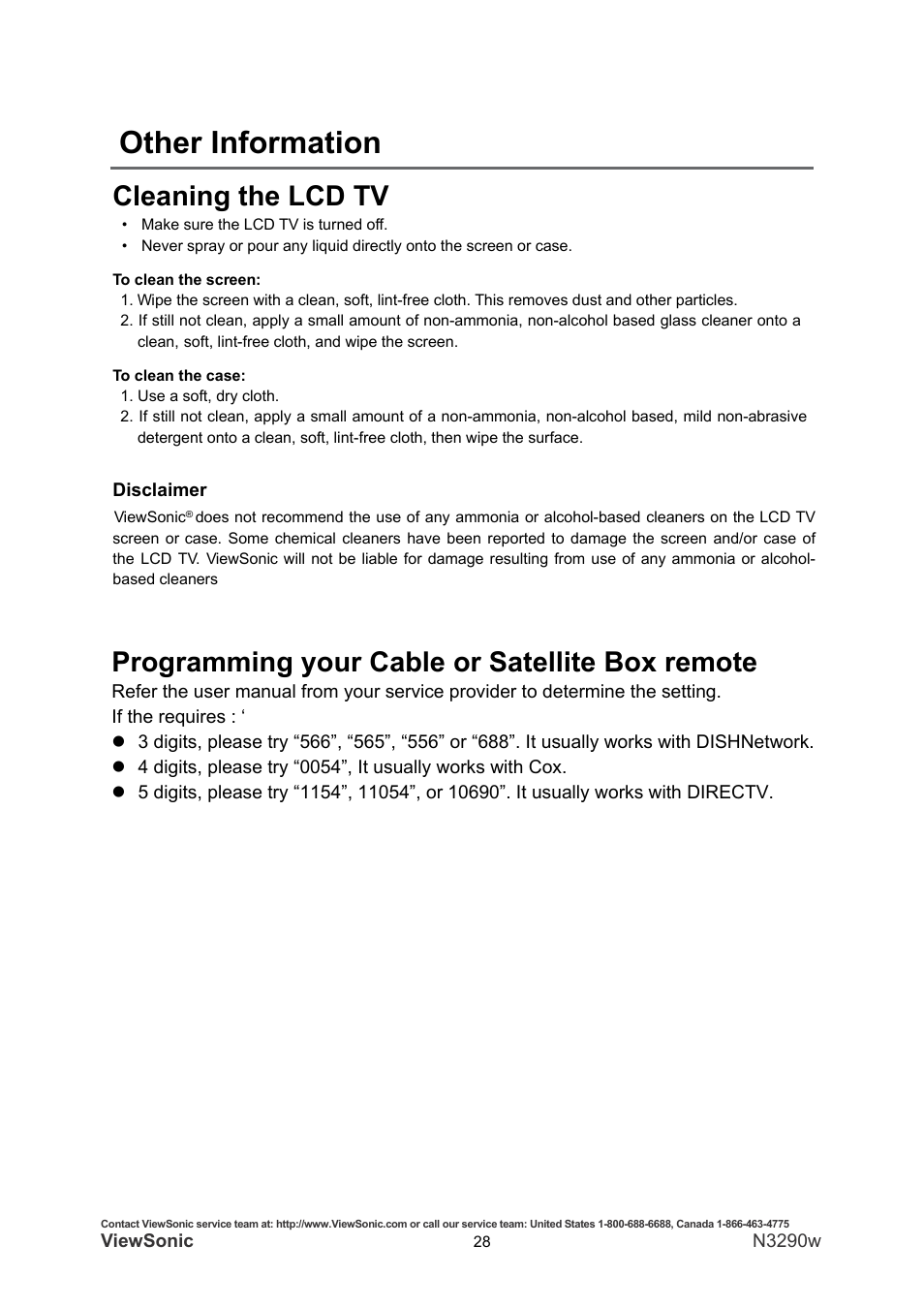 Other information, Cleaning the lcd tv, Programming your cable or satellite box remote | VIEWSONIC N3290W User Manual | Page 35 / 42