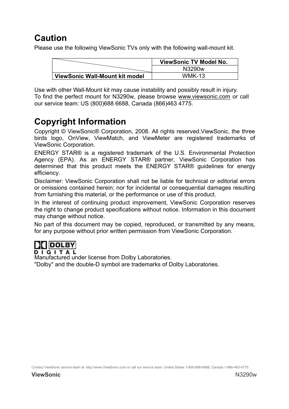 Caution, Copyright information | VIEWSONIC N3290W User Manual | Page 4 / 42