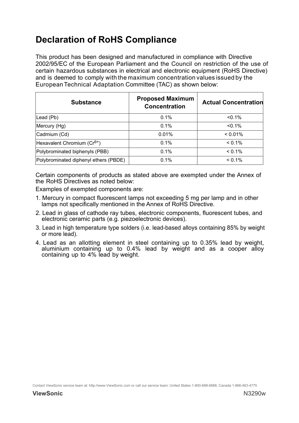 Declaration of rohs compliance | VIEWSONIC N3290W User Manual | Page 6 / 42