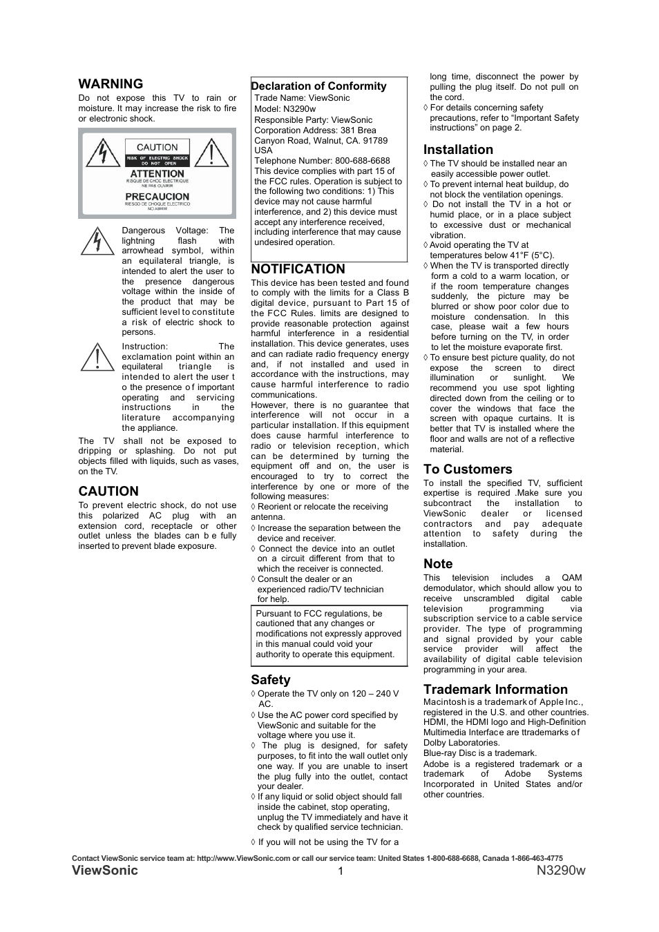 Viewsonic, N3290w warning, Caution | Notification, Safety, Installation, Trademark information | VIEWSONIC N3290W User Manual | Page 8 / 42
