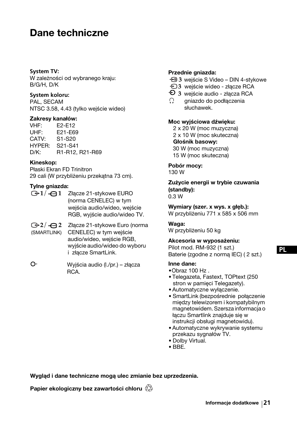 Dane techniczne | Sony KV-29FX64K User Manual | Page 100 / 122