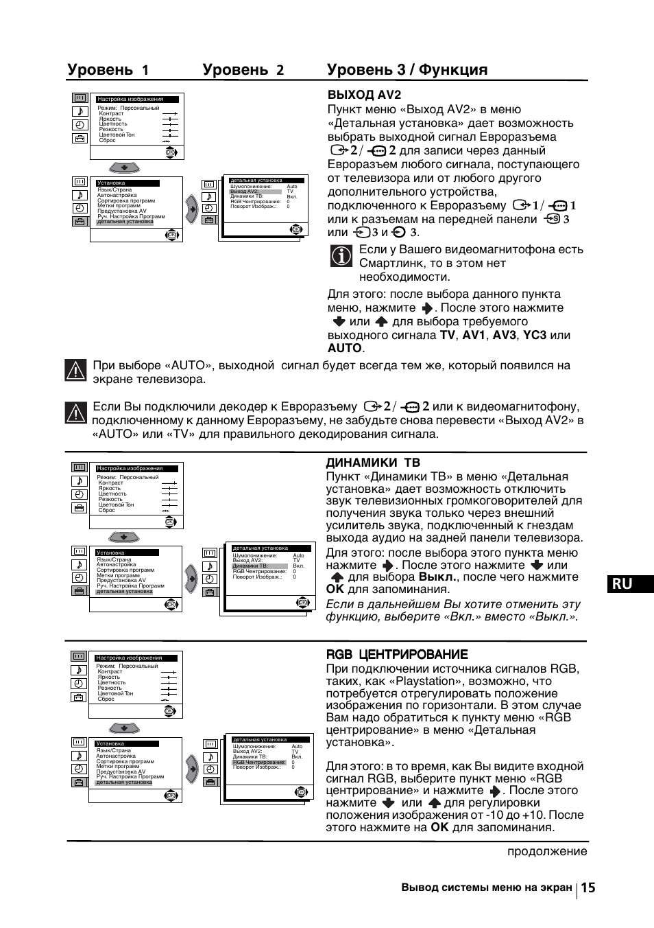 Уровень, Уровень 3 / функция, Продолжeниe | Sony KV-29FX64K User Manual | Page 114 / 122
