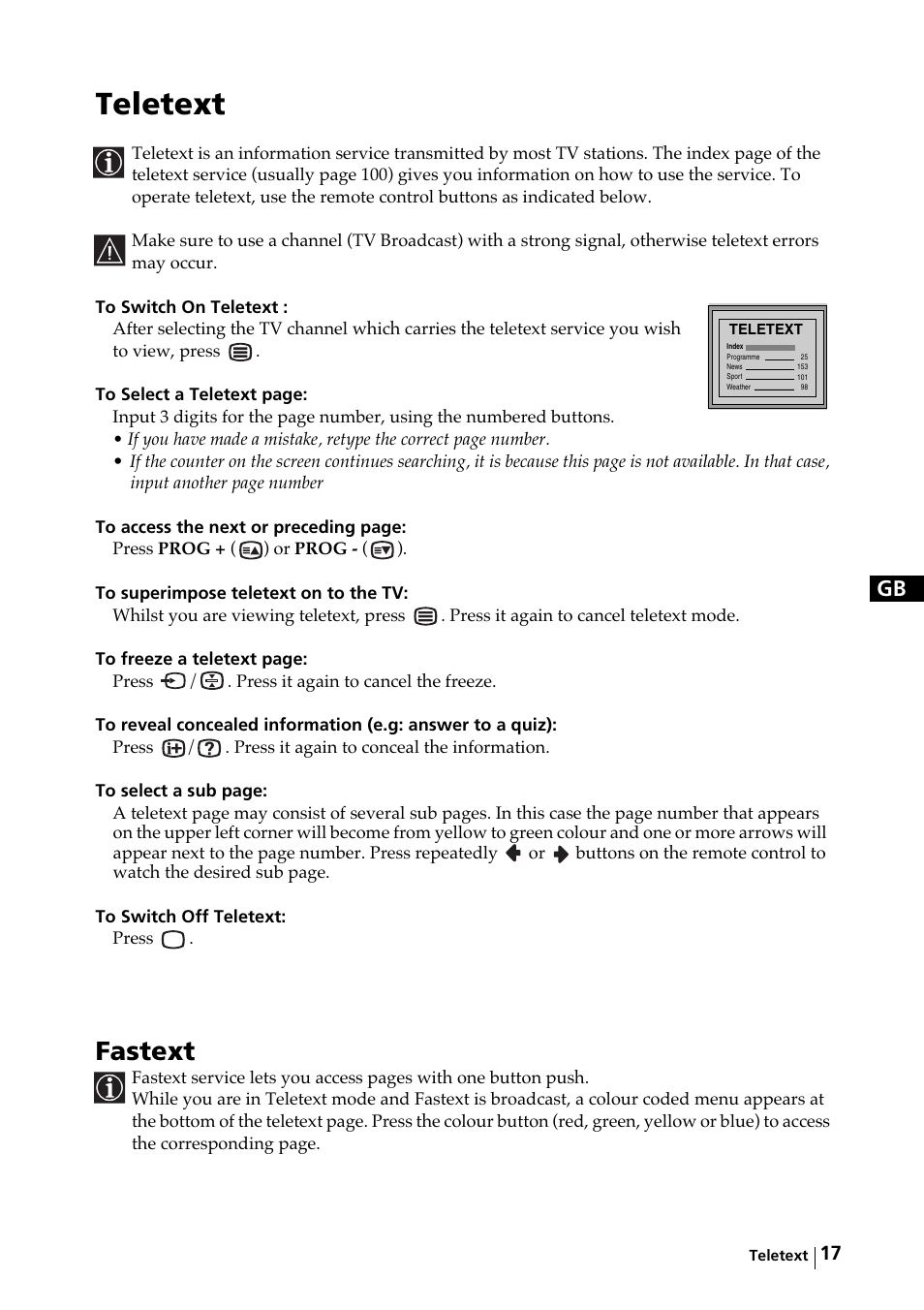Teletext, Fastext | Sony KV-29FX64K User Manual | Page 16 / 122