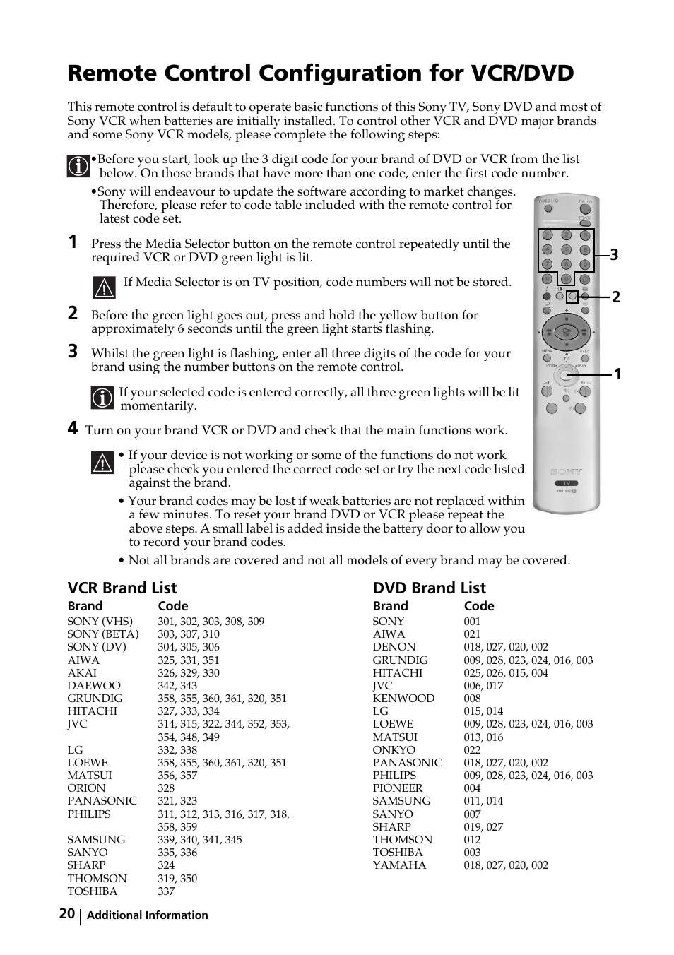 Remote control configuration for vcr/dvd, Vcr brand list dvd brand list | Sony KV-29FX64K User Manual | Page 19 / 122
