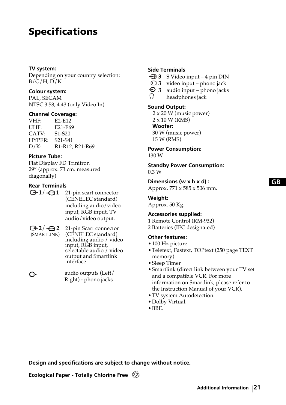 Specifications | Sony KV-29FX64K User Manual | Page 20 / 122