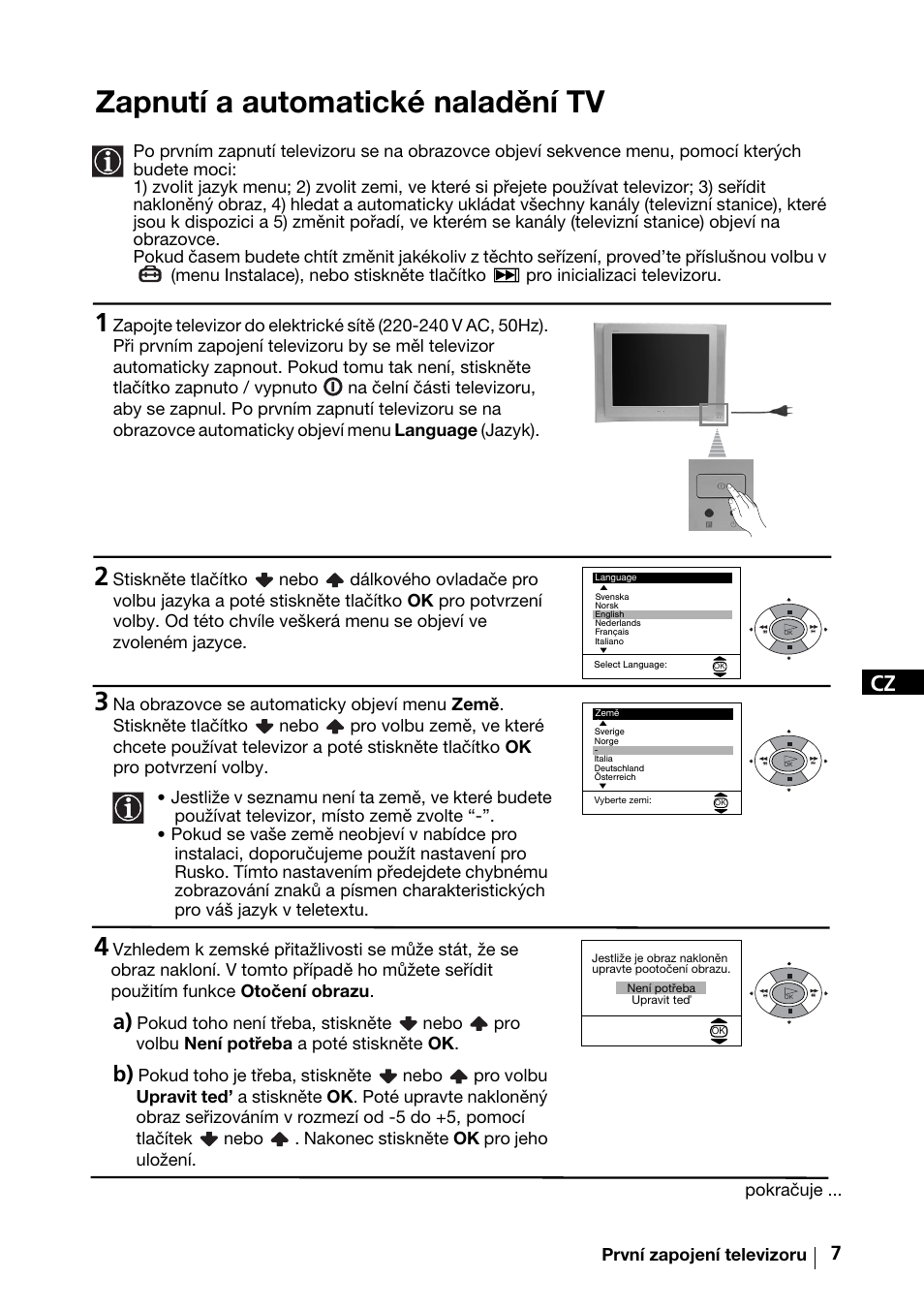 Zapnutí a automatické naladění tv | Sony KV-29FX64K User Manual | Page 46 / 122