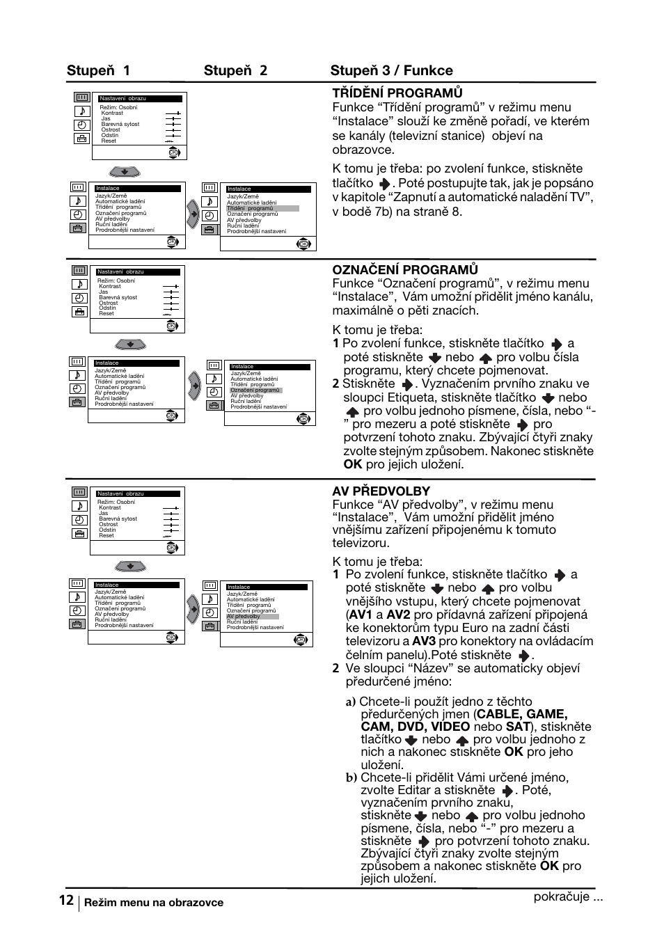 Stupeň 1 stupeň 2 stupeň 3 / funkce | Sony KV-29FX64K User Manual | Page 51 / 122