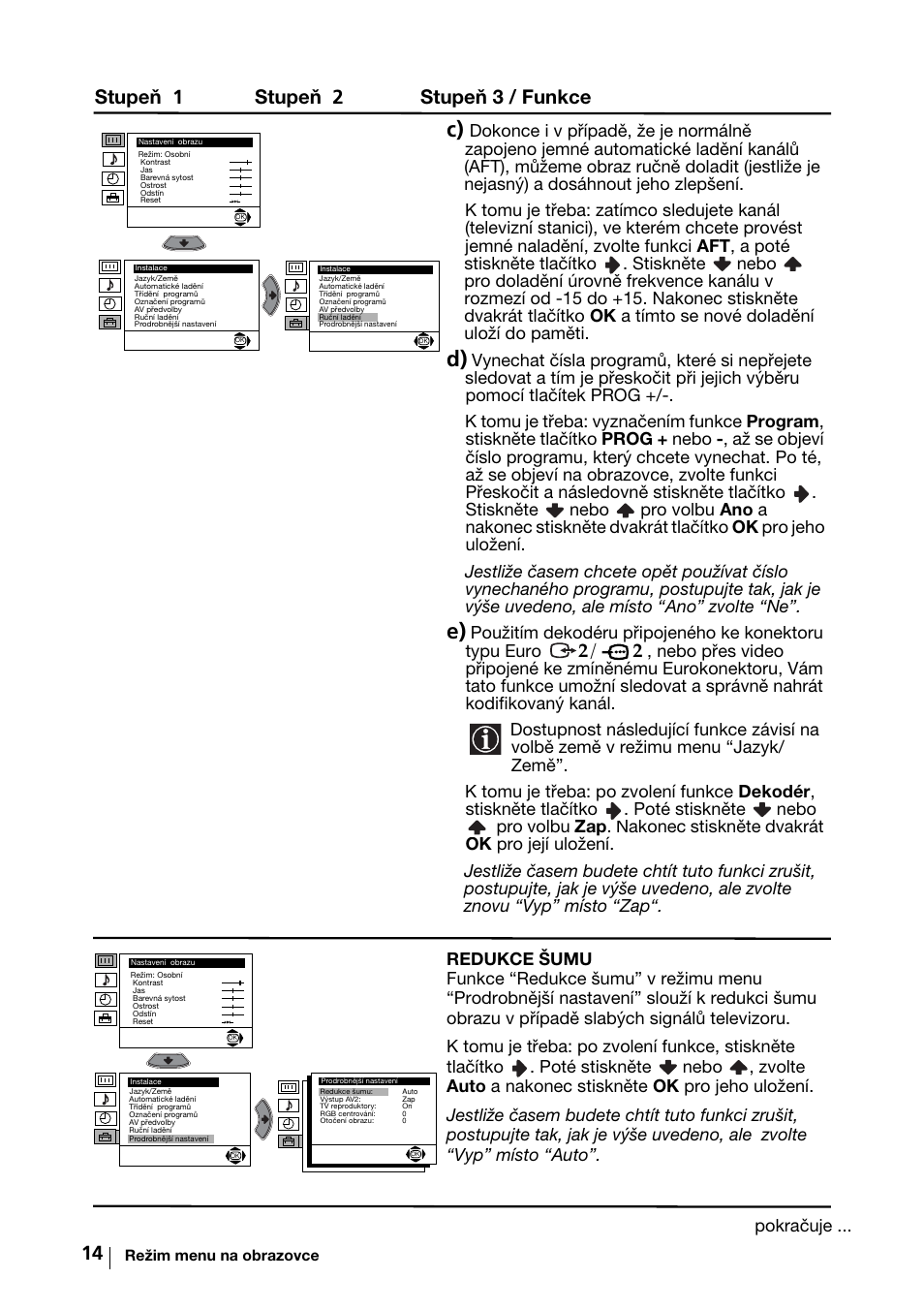 Stupeň 1 stupeň 2 stupeň 3 / funkce | Sony KV-29FX64K User Manual | Page 53 / 122