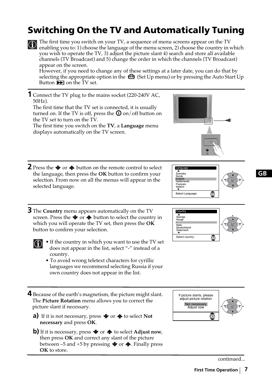 Switching on the tv and automatically tuning | Sony KV-29FX64K User Manual | Page 6 / 122