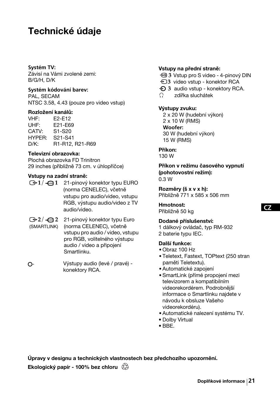 Technické údaje | Sony KV-29FX64K User Manual | Page 60 / 122