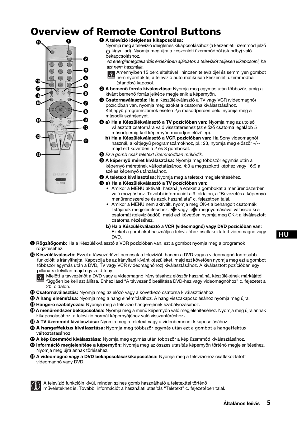 Overview of remote control buttons | Sony KV-29FX64K User Manual | Page 64 / 122