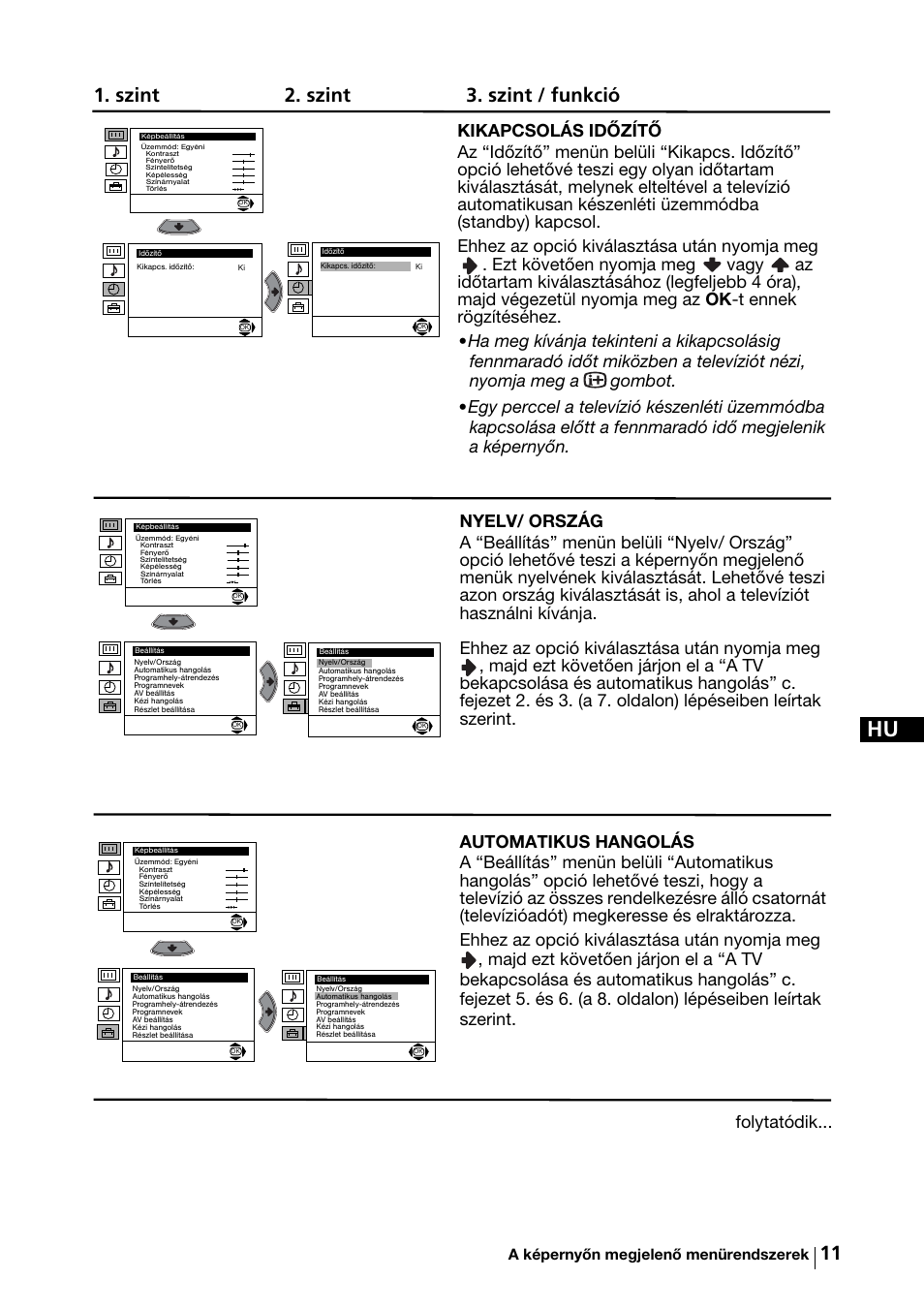 Szint 2. szint 3. szint / funkció, Folytatódik | Sony KV-29FX64K User Manual | Page 70 / 122