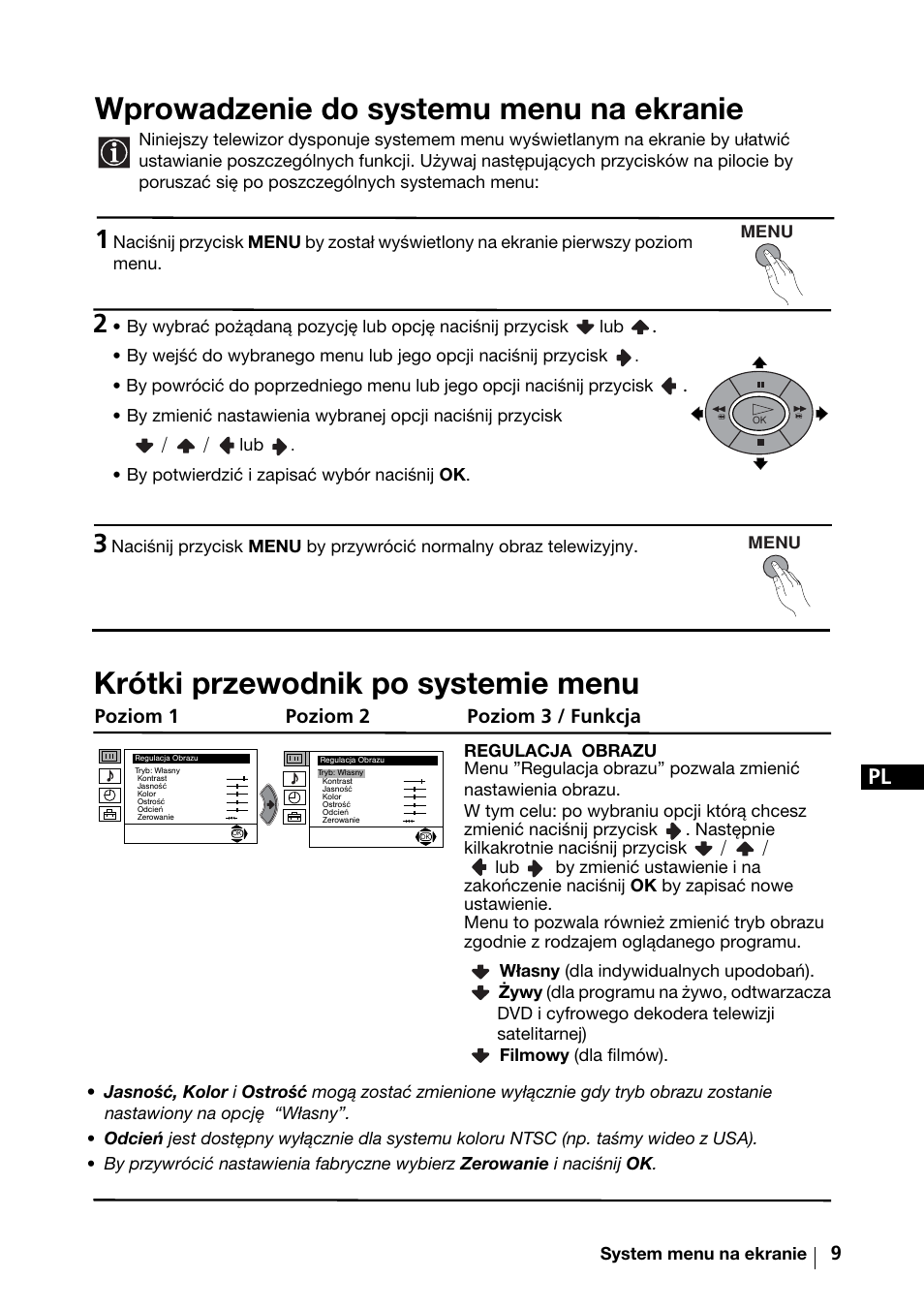 Wprowadzenie do systemu menu na ekranie, Krótki przewodnik po systemie menu | Sony KV-29FX64K User Manual | Page 88 / 122