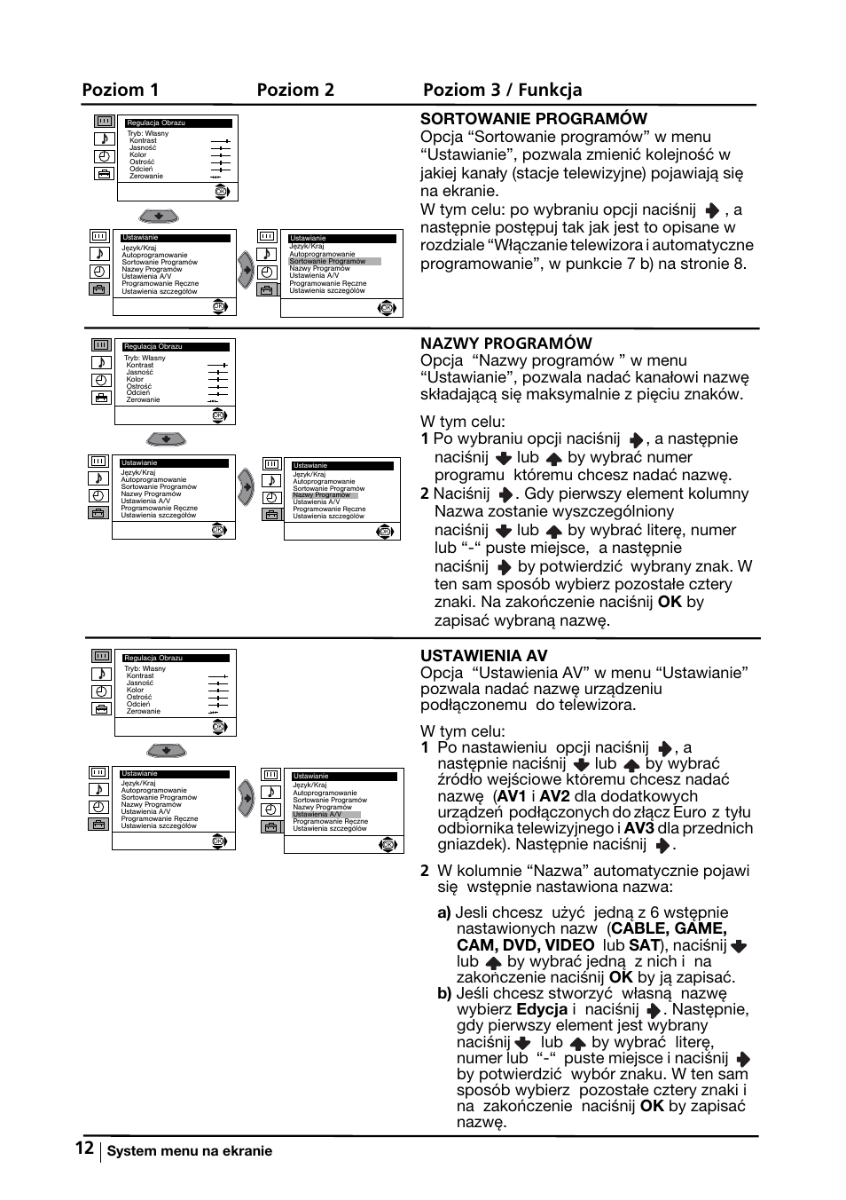 Poziom 1 poziom 2 poziom 3 / funkcja | Sony KV-29FX64K User Manual | Page 91 / 122