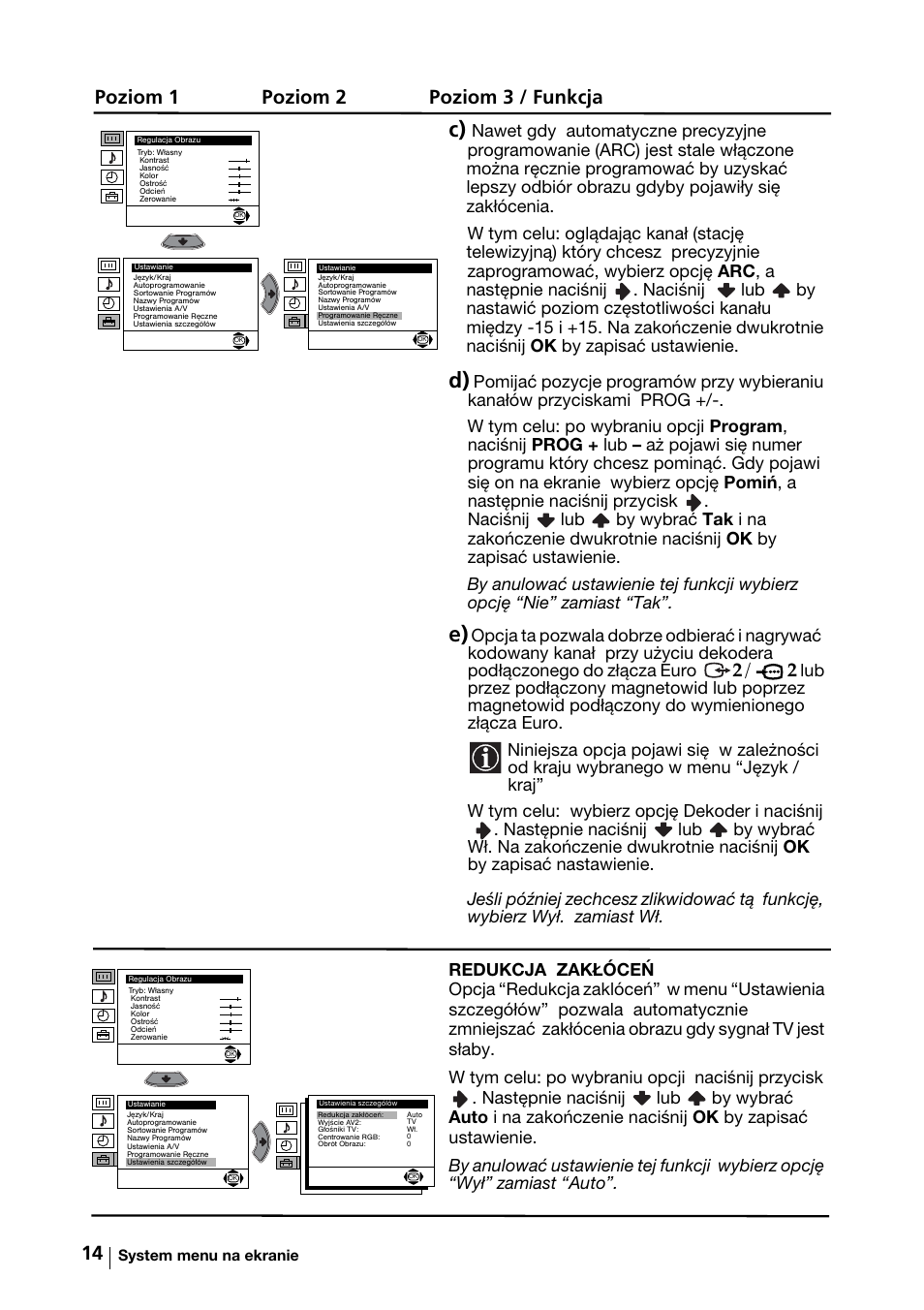 Poziom 1 poziom 2 poziom 3 / funkcja | Sony KV-29FX64K User Manual | Page 93 / 122