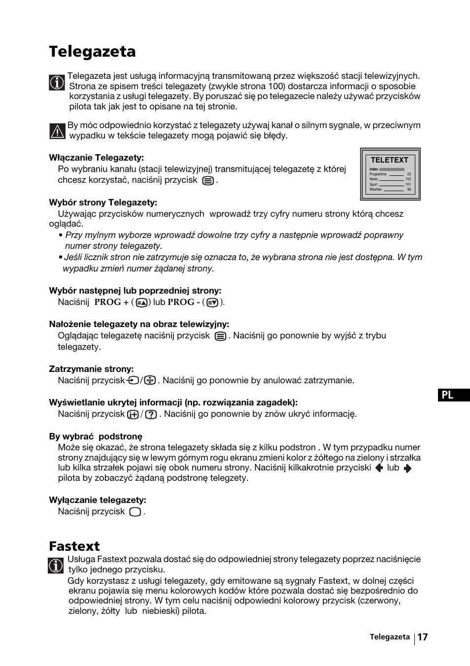 Telegazeta, Fastext | Sony KV-29FX64K User Manual | Page 96 / 122