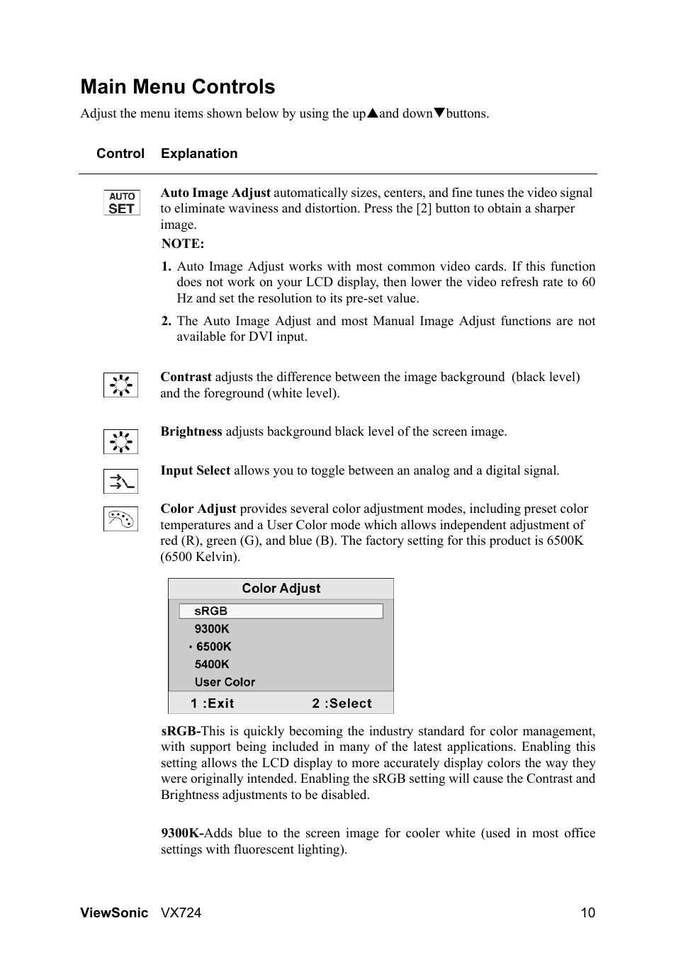 Main menu controls | VIEWSONIC VX724 User Manual | Page 12 / 21