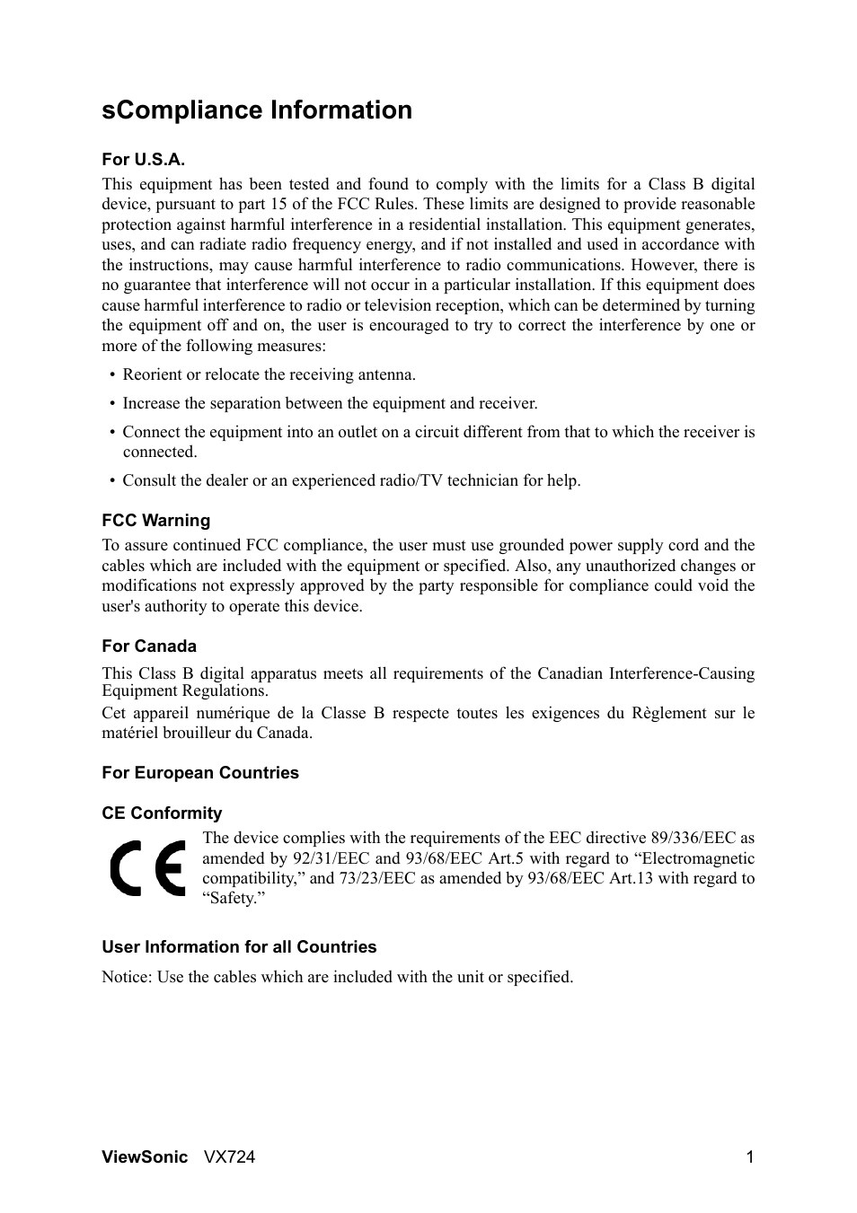 Scompliance information | VIEWSONIC VX724 User Manual | Page 3 / 21