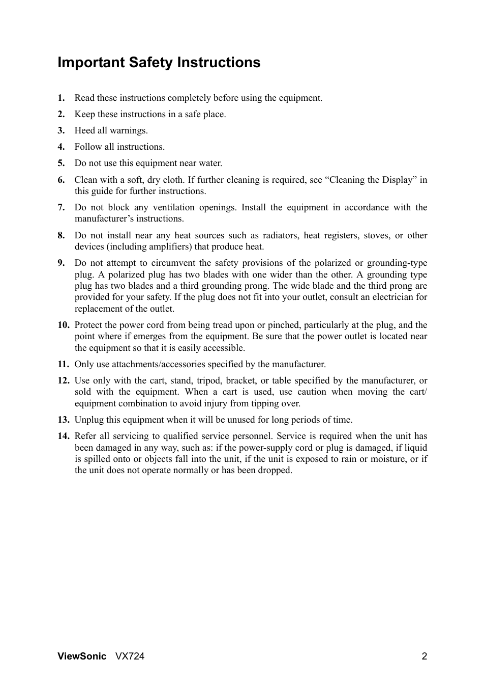 Important safety instructions | VIEWSONIC VX724 User Manual | Page 4 / 21