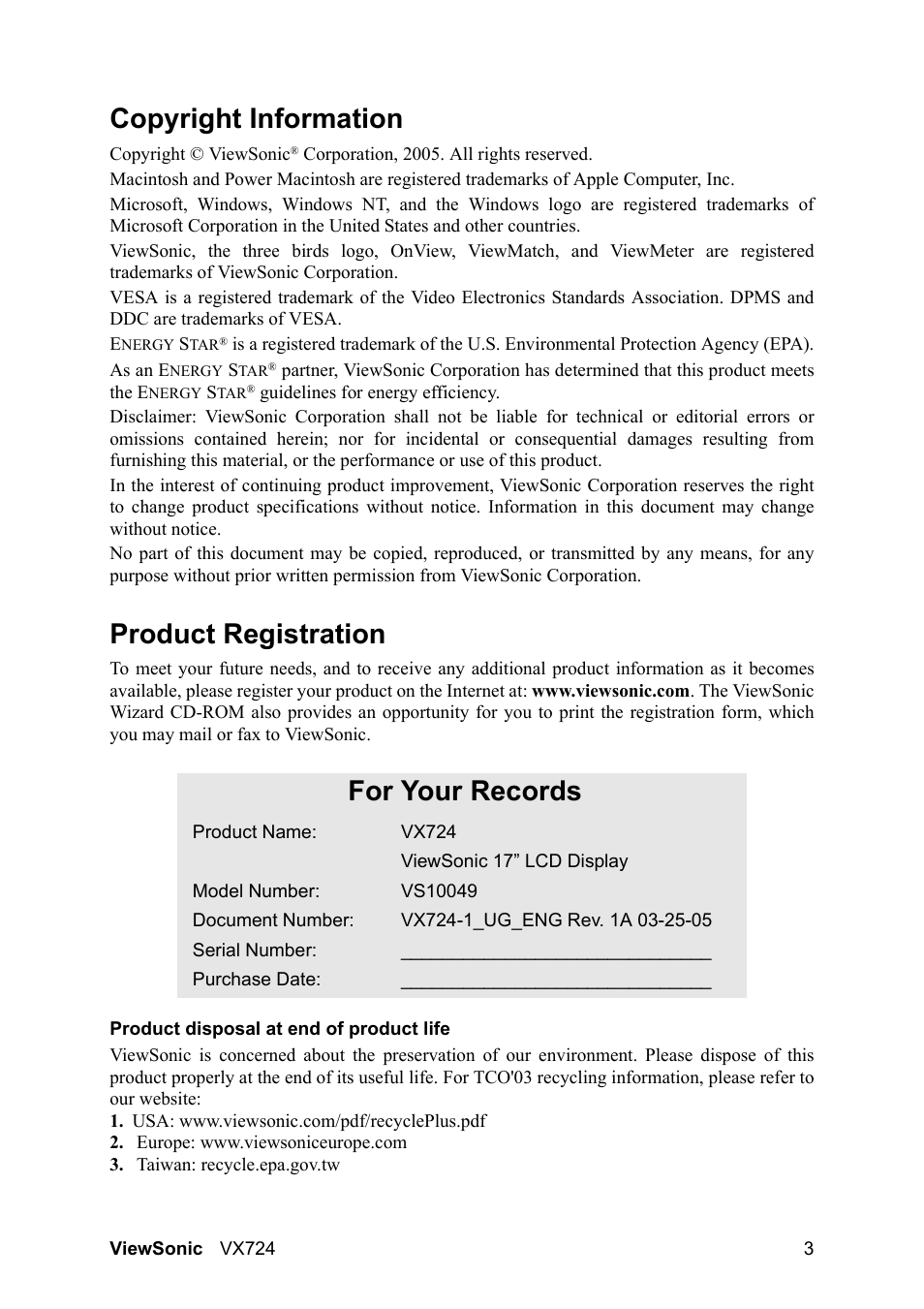 Copyright information, Product registration, For your records | VIEWSONIC VX724 User Manual | Page 5 / 21