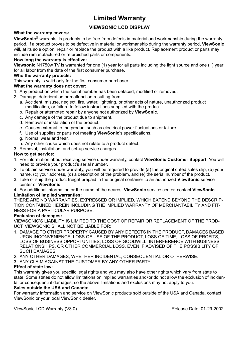 Limited warranty | VIEWSONIC N1750w User Manual | Page 30 / 32
