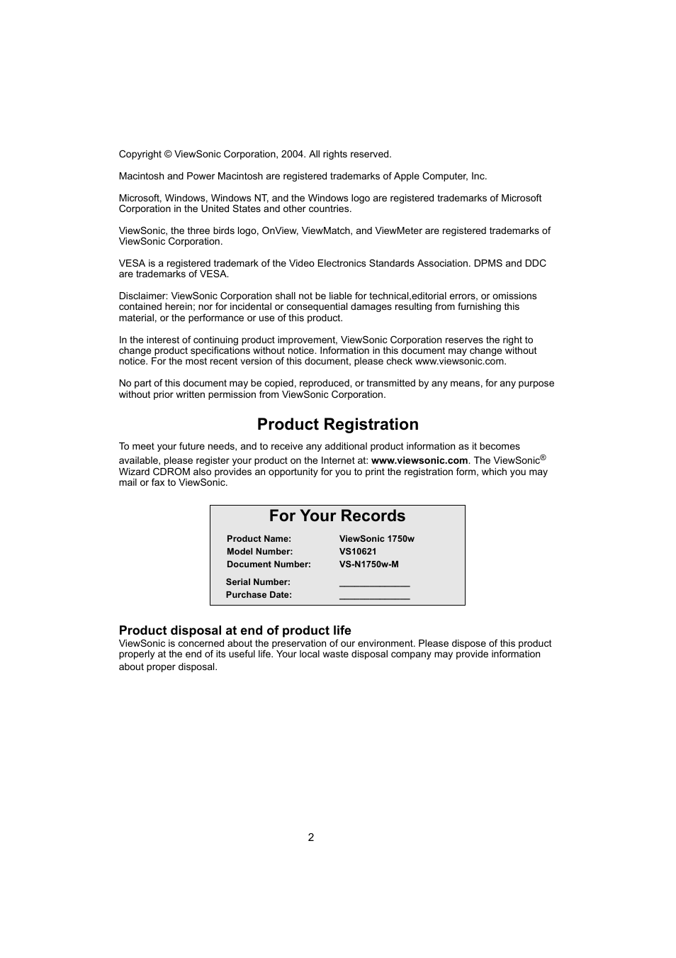 Product registration, For your records, Product disposal at end of product life | VIEWSONIC N1750w User Manual | Page 4 / 32