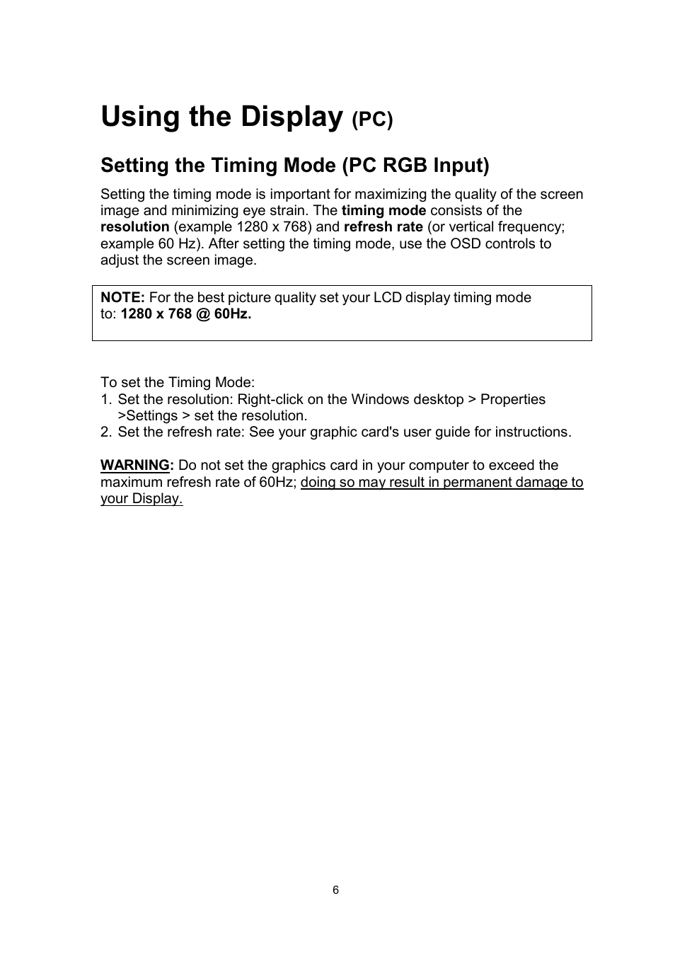 Using the display, Setting the timing mode (pc rgb input) | VIEWSONIC N1750w User Manual | Page 8 / 32