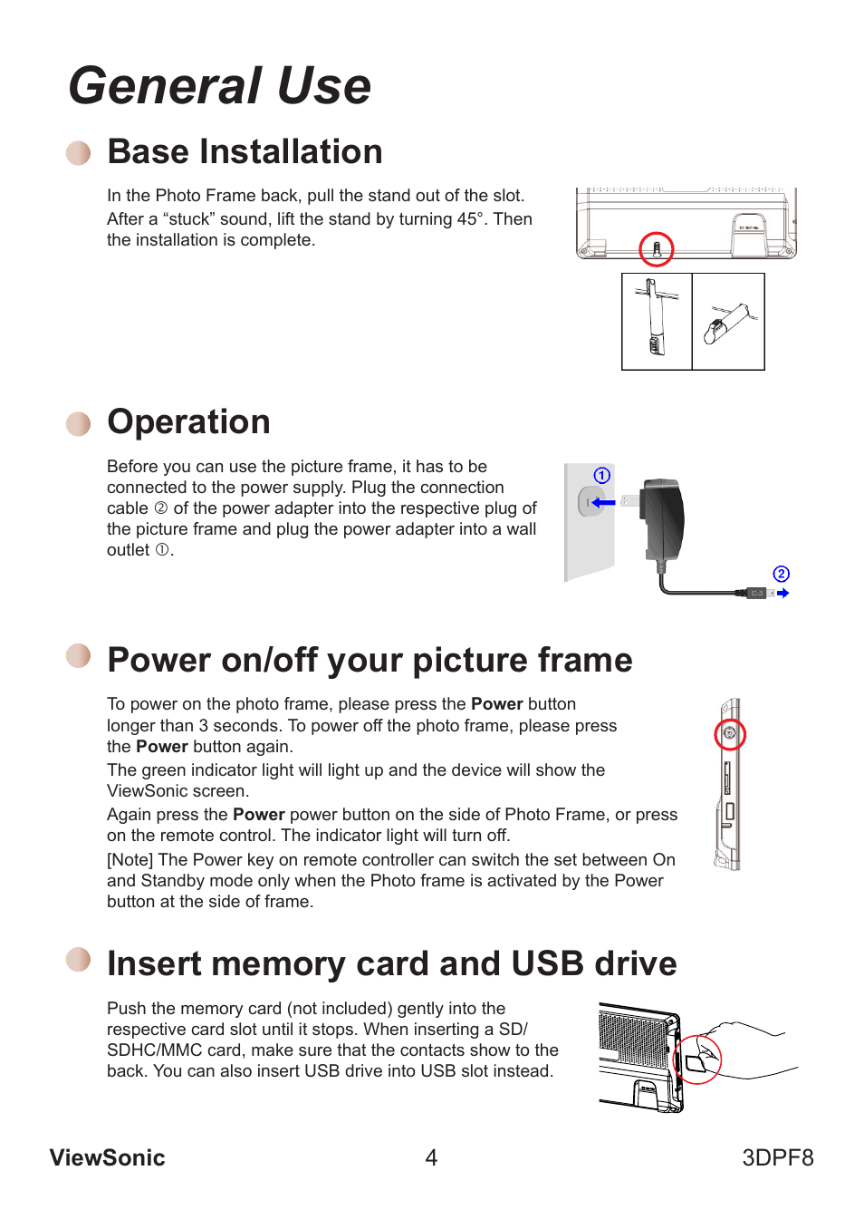 General use, Base installation, Operation | Power on/off your picture frame | VIEWSONIC VS13808 User Manual | Page 10 / 23