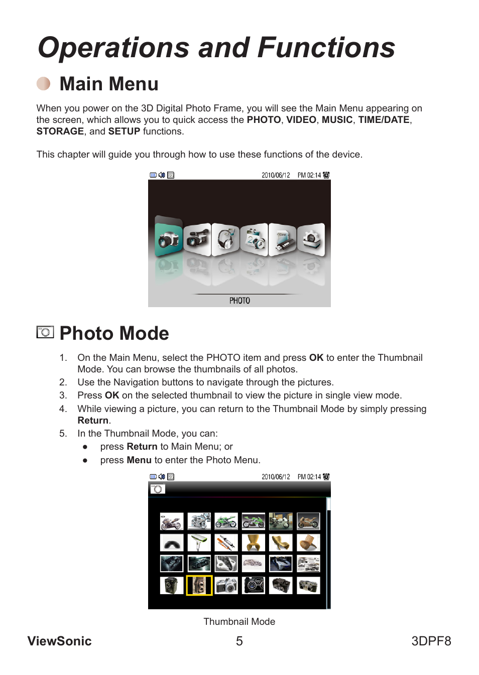 Operations and functions, Main menu, Photo mode | VIEWSONIC VS13808 User Manual | Page 11 / 23