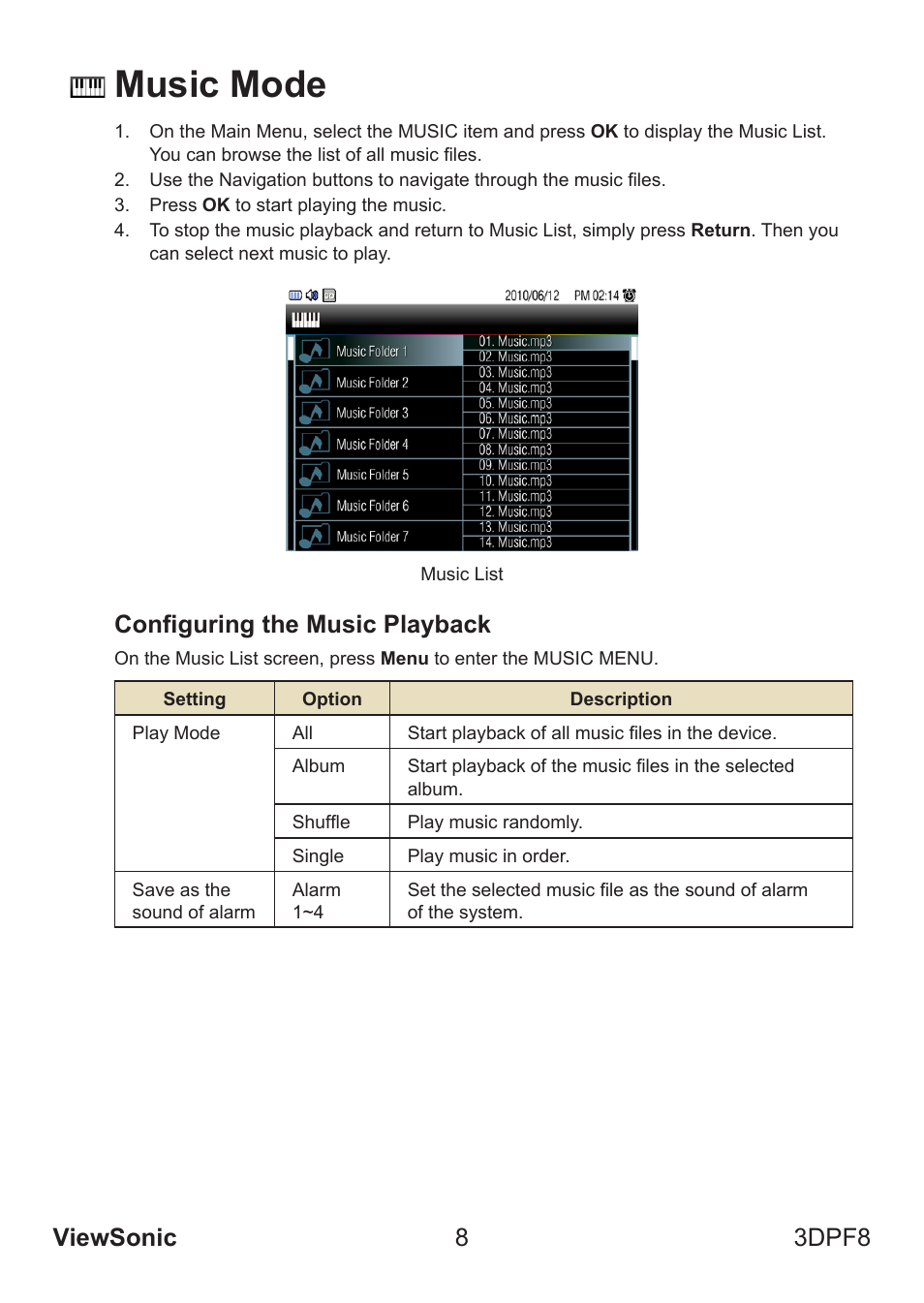 Music mode, Viewsonic 8 3dpf8, Configuring the music playback | VIEWSONIC VS13808 User Manual | Page 14 / 23