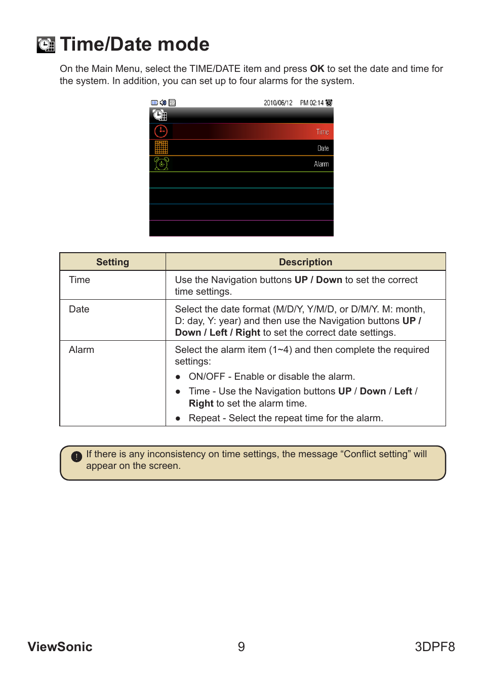 Time/date mode, Viewsonic 9 3dpf8 | VIEWSONIC VS13808 User Manual | Page 15 / 23